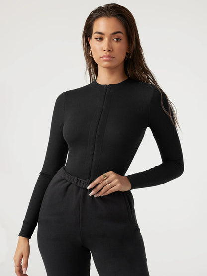 Zippered Placket Sexy Long Sleeve Bodysuit