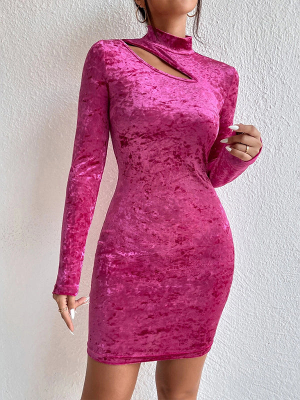 Half-high Collar Hollow Out Slimming Hip-hugging Long-sleeved Velvet Dress