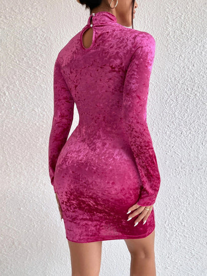 Half-high Collar Hollow Out Slimming Hip-hugging Long-sleeved Velvet Dress