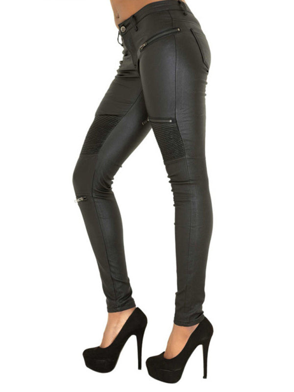 PU Leather Skinny Motorcycle Style Pants with Multi-zippers