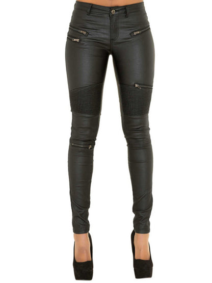 PU Leather Skinny Motorcycle Style Pants with Multi-zippers