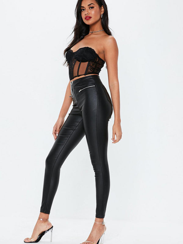 Black PU Leather Zipper Long Nine-minute Pants