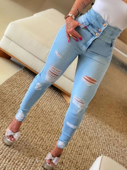 High-waist Triple Button Ripped Pencil Jeans