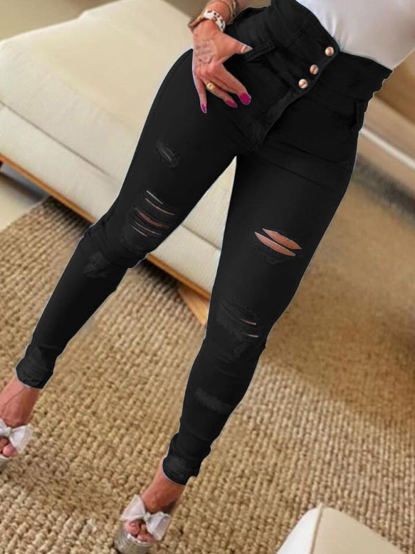 High-waist Triple Button Ripped Pencil Jeans