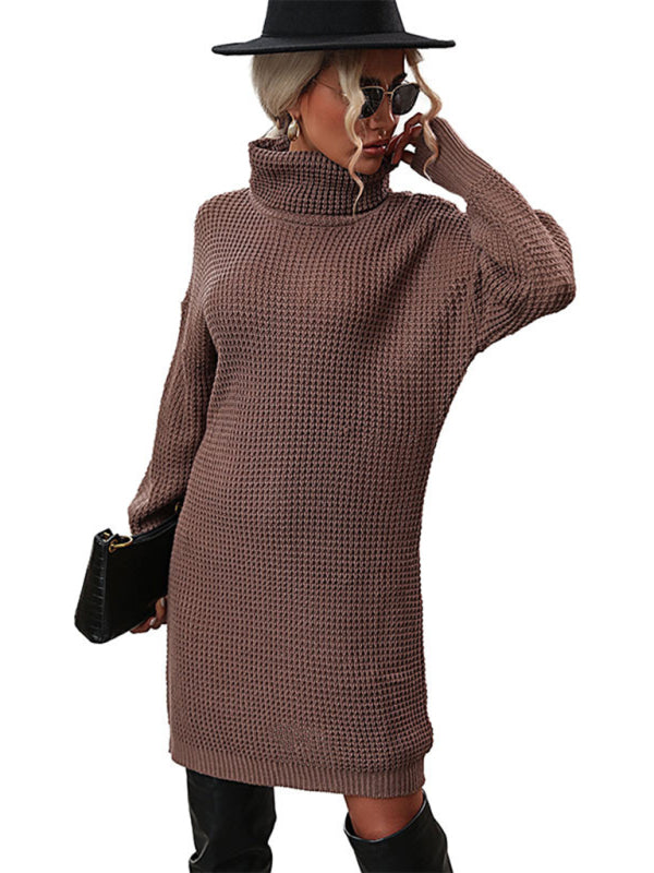 Coffee Color Turtleneck Mini Sweater Dress