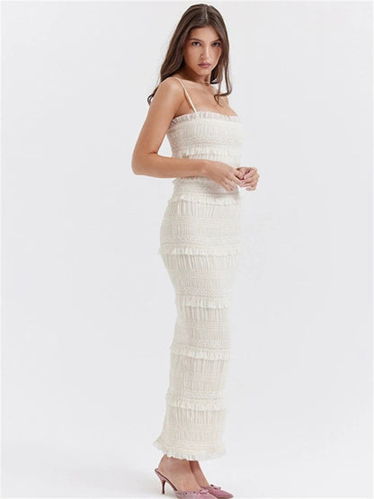 Tiered Ruffle Square Neck Halter Fitted Maxi Dress