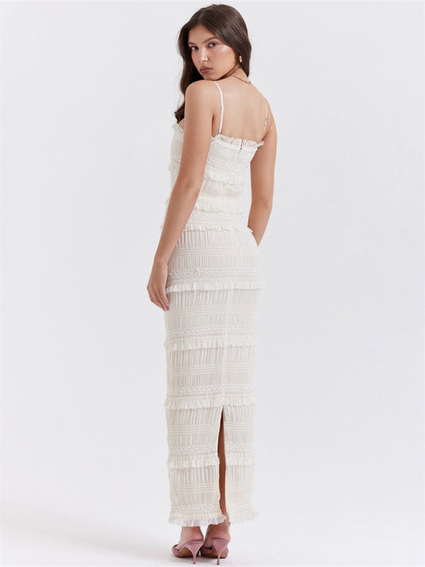 Tiered Ruffle Square Neck Halter Fitted Maxi Dress