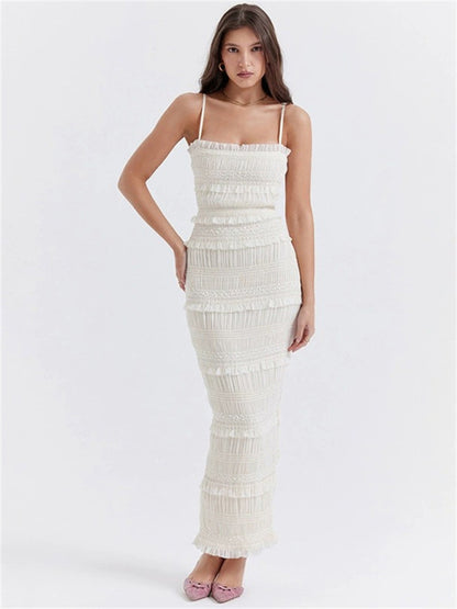 Tiered Ruffle Square Neck Halter Fitted Maxi Dress