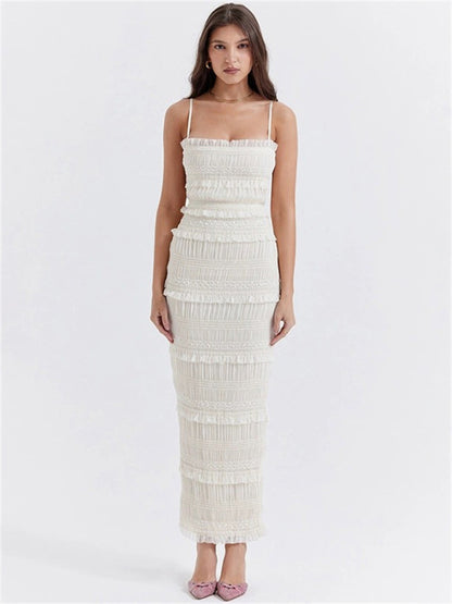 Tiered Ruffle Square Neck Halter Fitted Maxi Dress