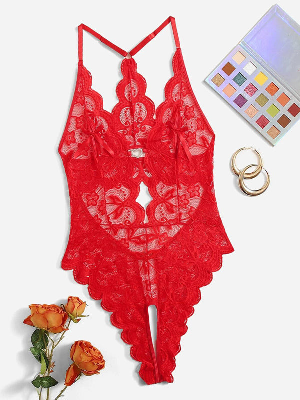 Sexy Lace See-through Crotch-free One-piece Lingerie