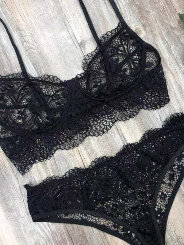 Sexy Eyelash Lace Solid Color Lingerie Set