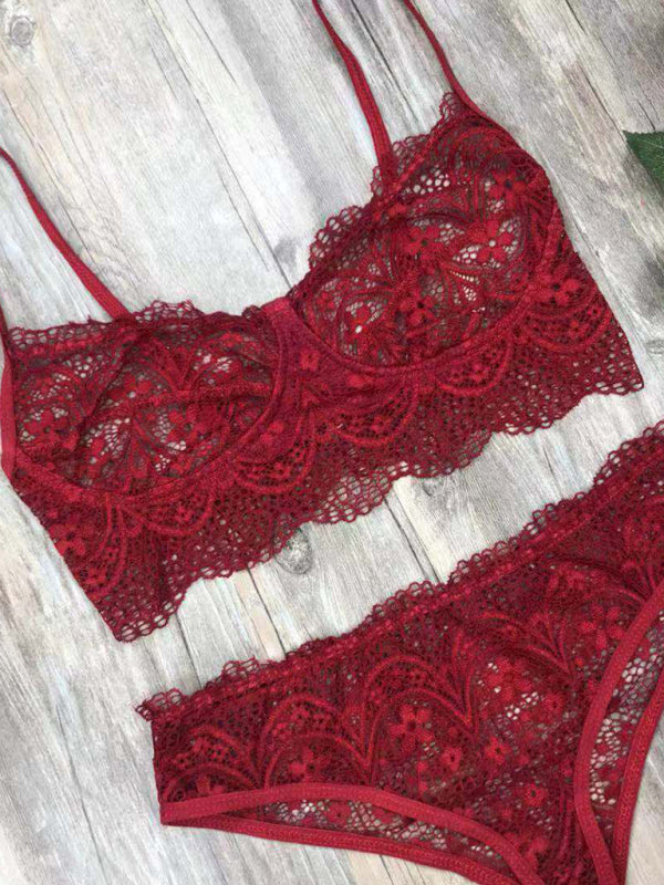 Sexy Eyelash Lace Solid Color Lingerie Set