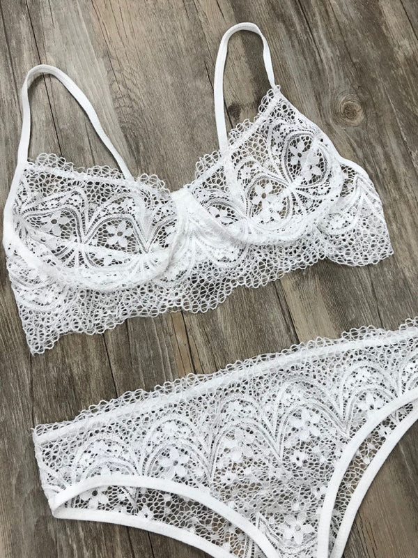 Sexy Eyelash Lace Solid Color Lingerie Set