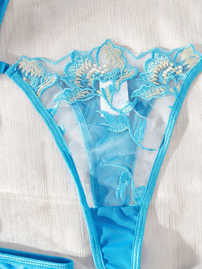 Lace Embroidery Flower See-through Underwear & Garter Set