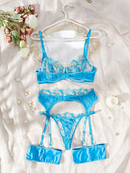 Lace Embroidery Flower See-through Underwear & Garter Set