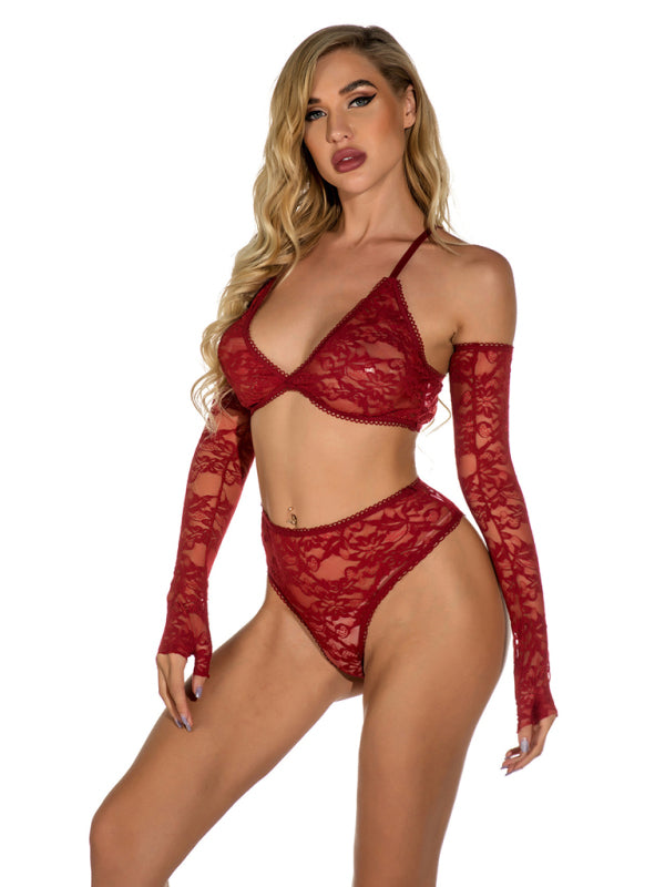 Sexy  Lace Transparent Lingerie Set with Gloves