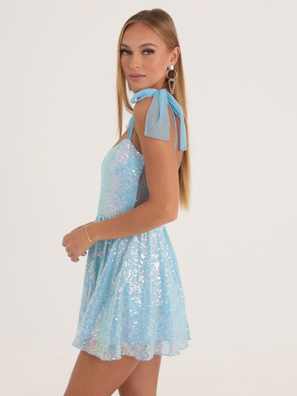 Blue Sequined A-line Halter Tie-up Mini Dress