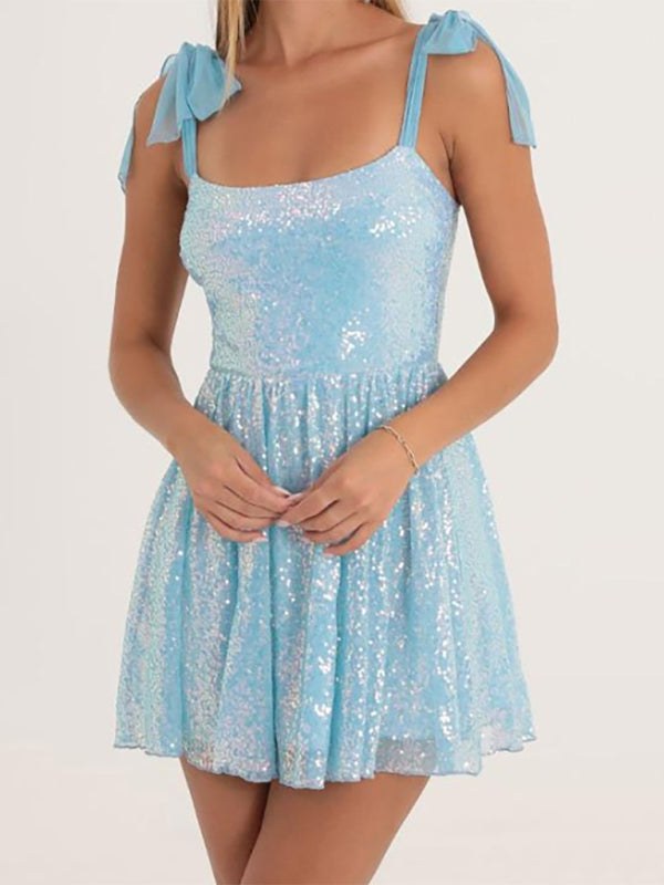 Blue Sequined A-line Halter Tie-up Mini Dress