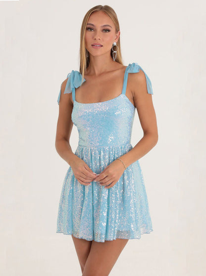 Blue Sequined A-line Halter Tie-up Mini Dress