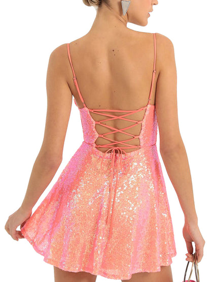 Solid Color Sequined  A-line Mini Dress