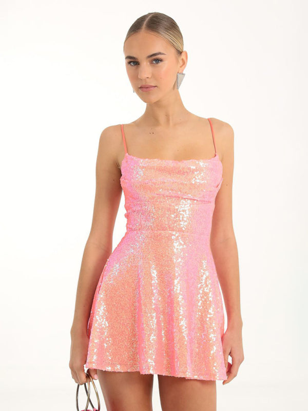 Solid Color Sequined  A-line Mini Dress