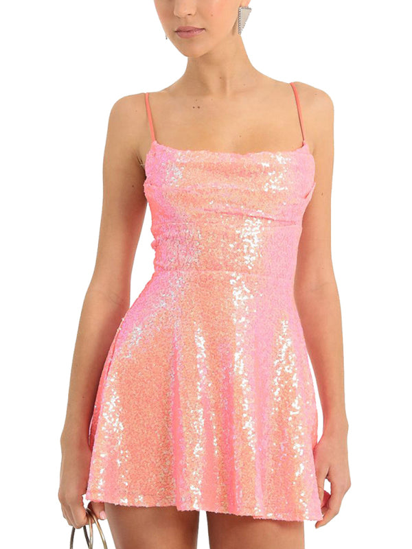 Solid Color Sequined  A-line Mini Dress