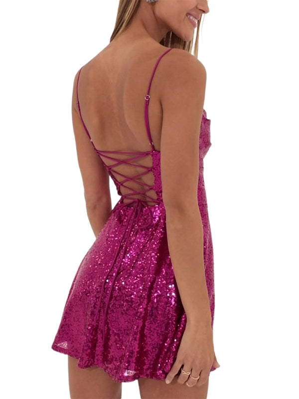 Solid Color Sequined  A-line Mini Dress