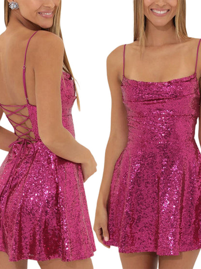 Solid Color Sequined  A-line Mini Dress