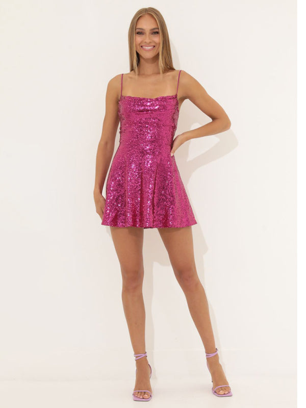 Solid Color Sequined  A-line Mini Dress