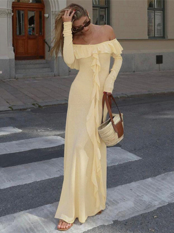 Ruffled Off-shoulder Slim-fitting Flowy Maxi Dress