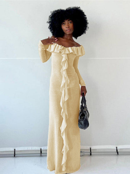 Ruffled Off-shoulder Slim-fitting Flowy Maxi Dress