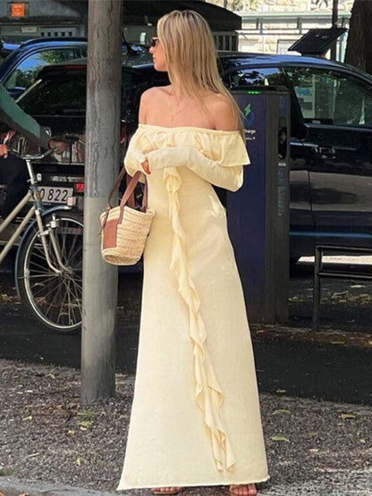 Ruffled Off-shoulder Slim-fitting Flowy Maxi Dress