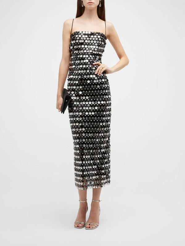 Beaded Halter Style Rear Split Maxi Dress