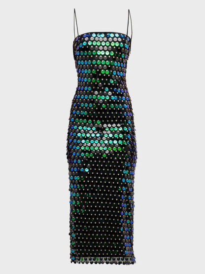 Beaded Halter Style Rear Split Maxi Dress