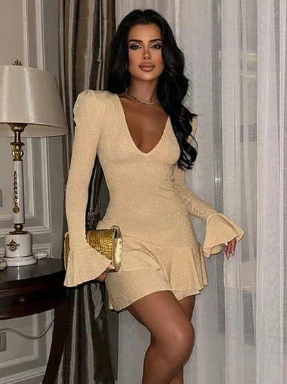 Deep V-neck Bell Sleeve Hip-hugging Mini Party Dress