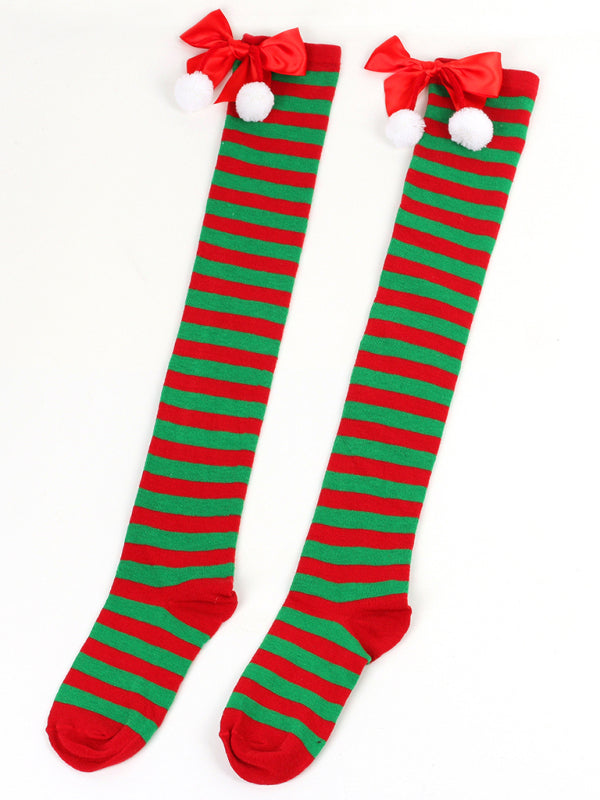 Over the Knee Christmas Striped Stocking Socks with Bows