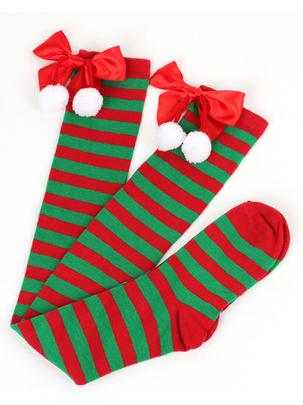 Over the Knee Christmas Striped Stocking Socks with Bows