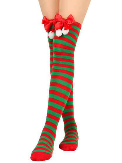 Over the Knee Christmas Striped Stocking Socks with Bows