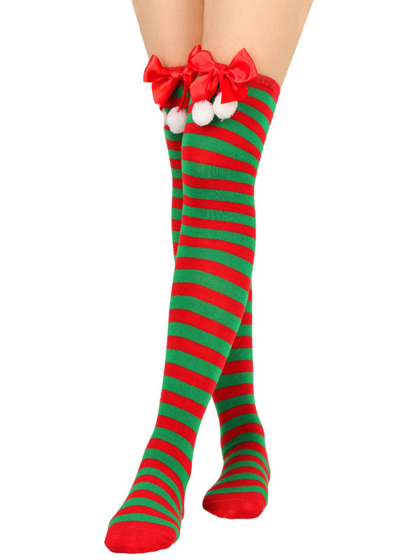 Over the Knee Christmas Striped Stocking Socks with Bows