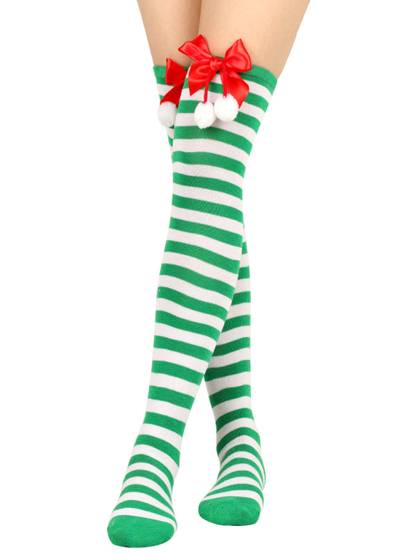 Over the Knee Christmas Striped Stocking Socks with Bows
