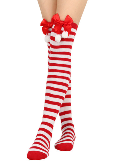 Over the Knee Christmas Striped Stocking Socks with Bows