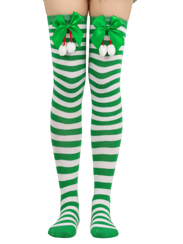 Over the Knee Christmas Striped Stocking Socks with Bows