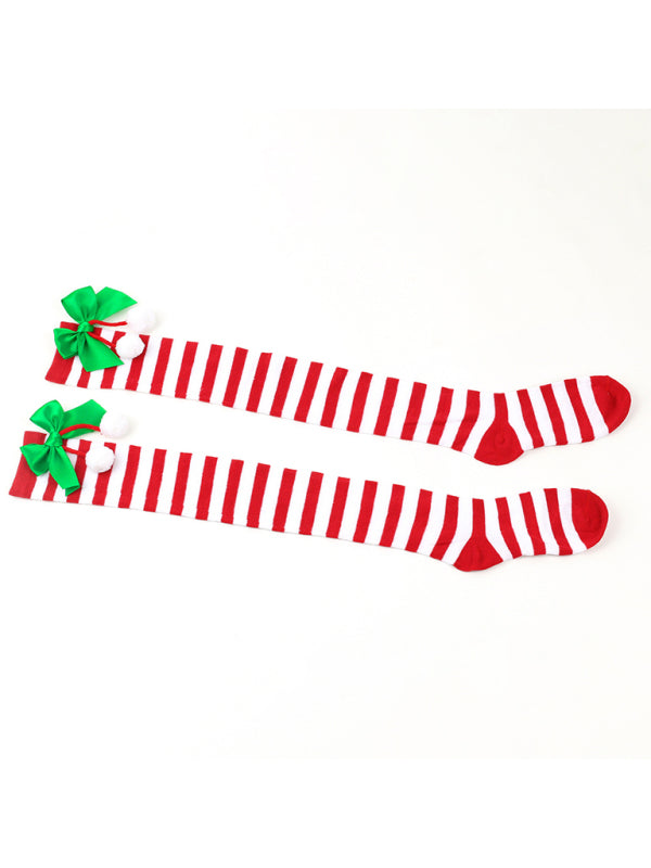 Over the Knee Christmas Striped Stocking Socks with Bows