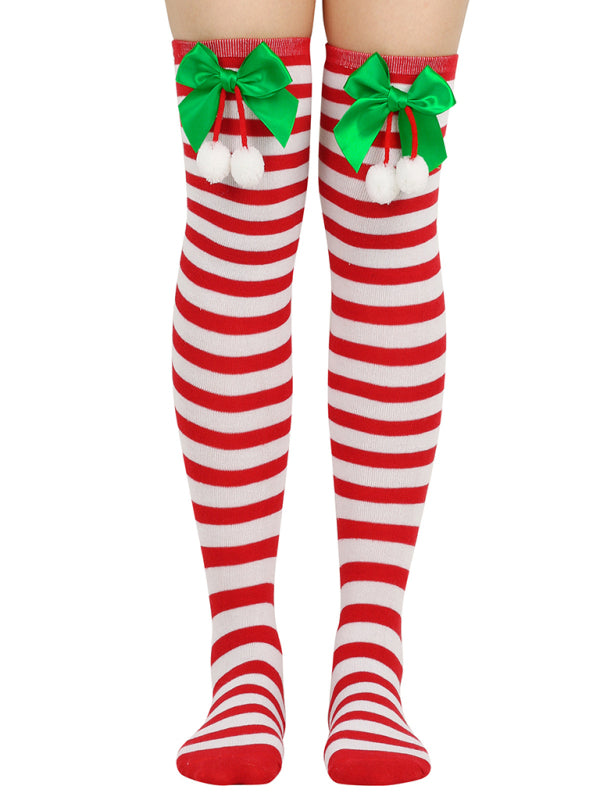 Over the Knee Christmas Striped Stocking Socks with Bows
