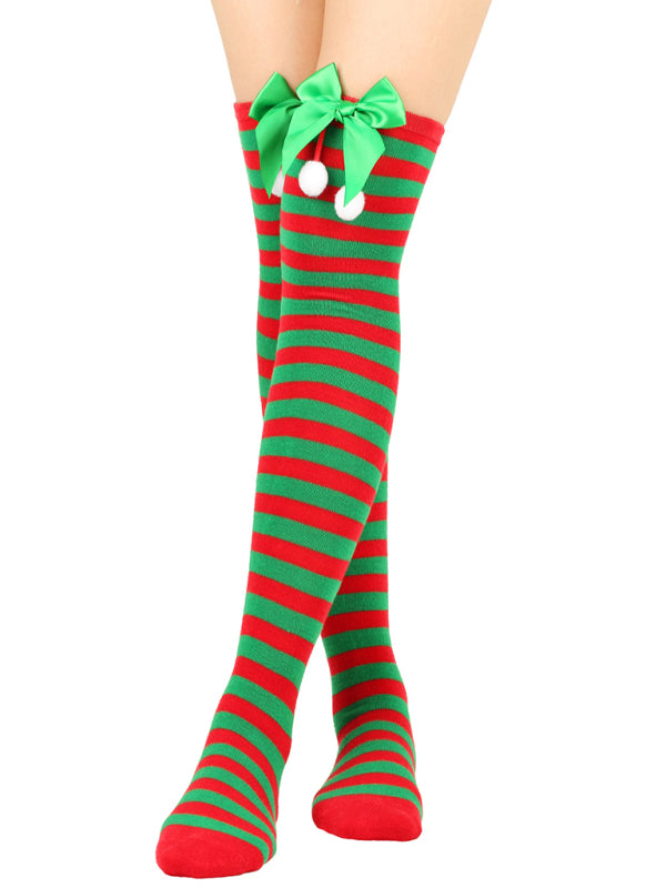 Over the Knee Christmas Striped Stocking Socks with Bows