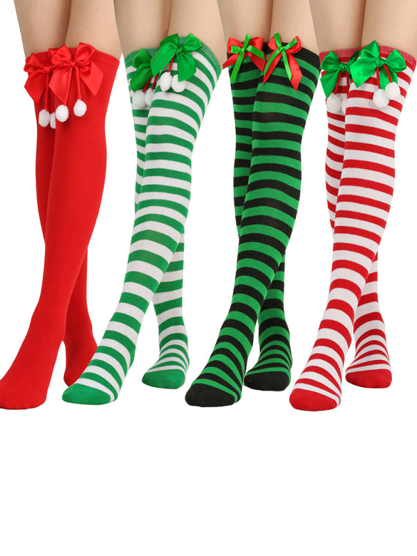 Over the Knee Christmas Striped Stocking Socks with Bows
