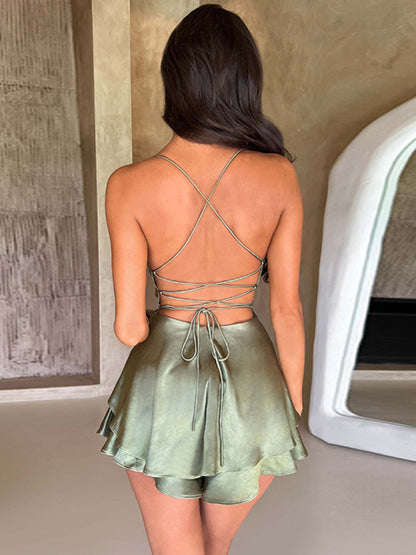 Satin Backless Strappy A-hem Mini Party Dress