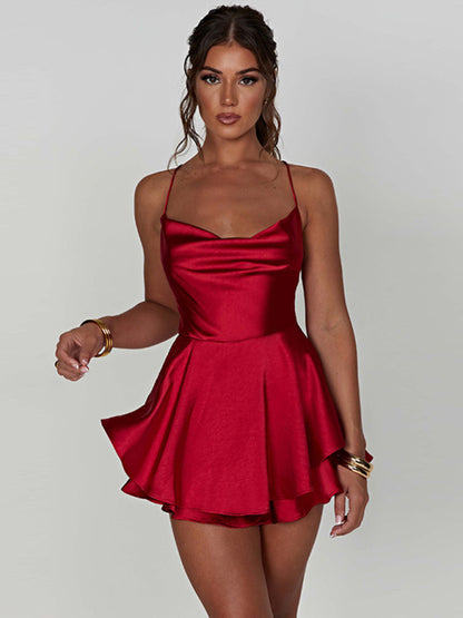 Satin Backless Strappy A-hem Mini Party Dress