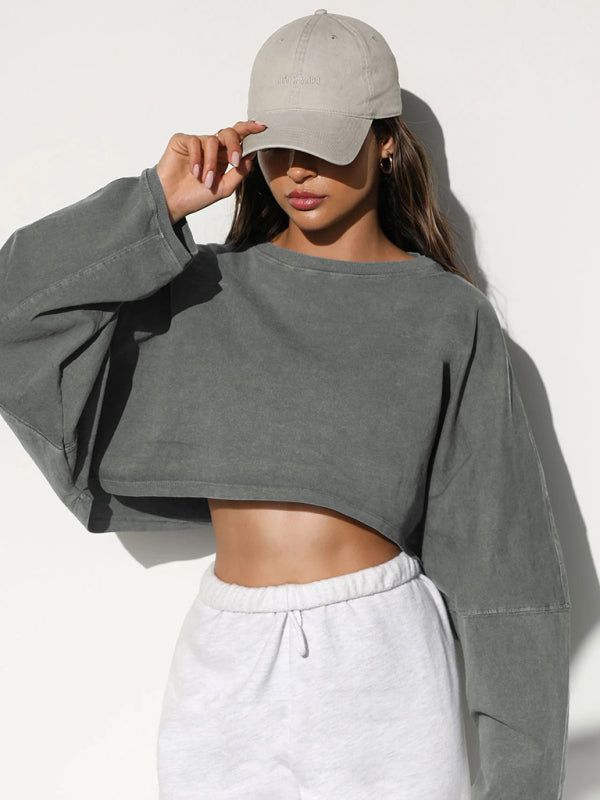 Loose Fit Cropped Round Neck Fashion Sweatshirt