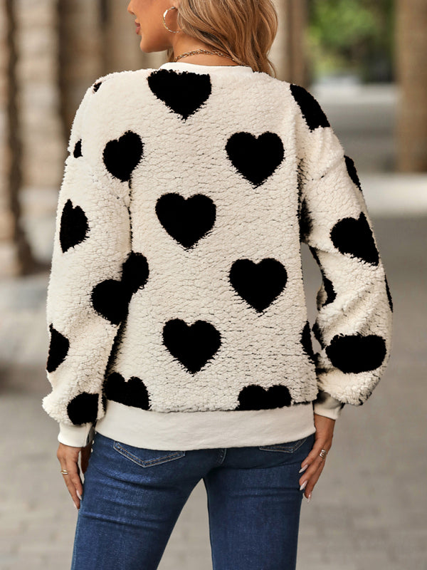 Plush Love Print Loose Long Sleeve Round Neck Pullover Sweatshirt